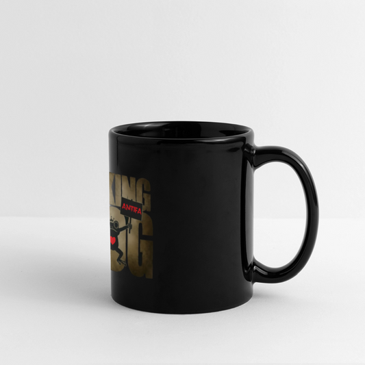 “Political protest mug featuring satirical frog design and ANTIFA message. Bold statement drinkware.”