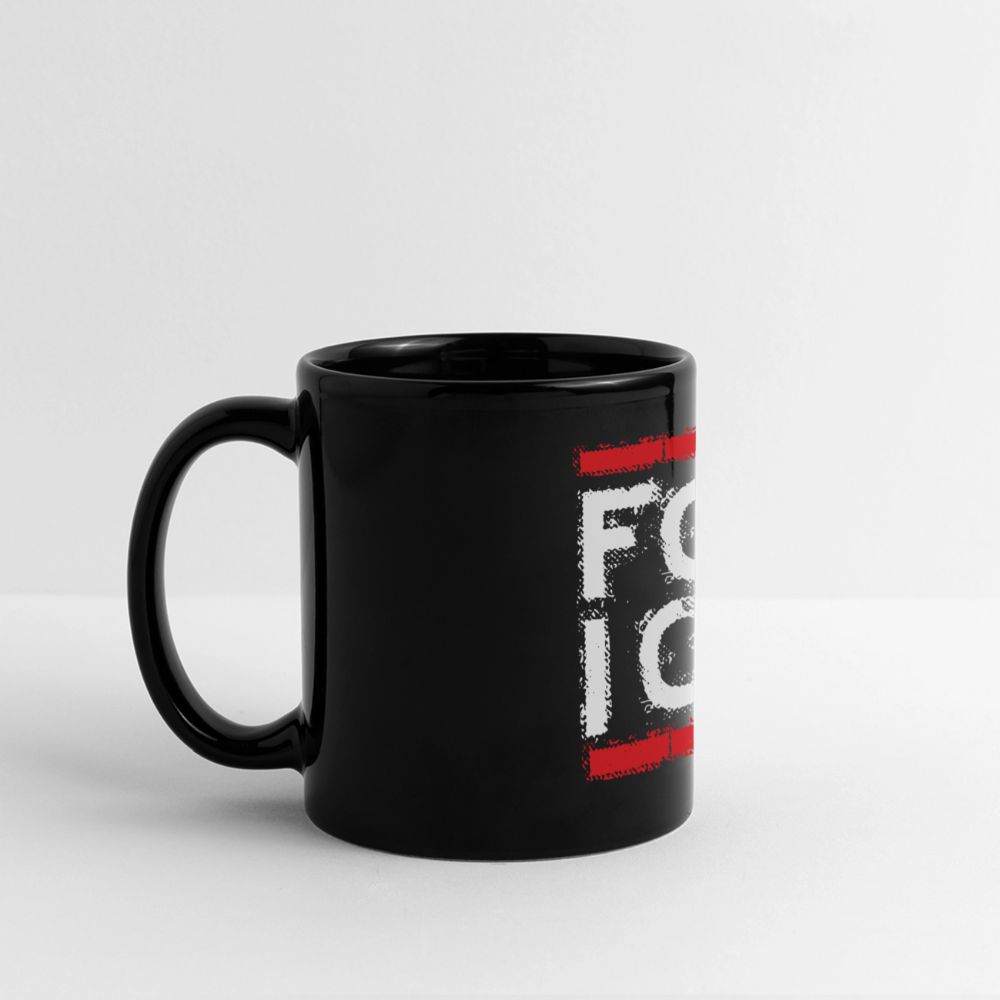 “Black ceramic mug with bold white text: FCK ICE. Red bars above and below the stencil-style lettering.”
