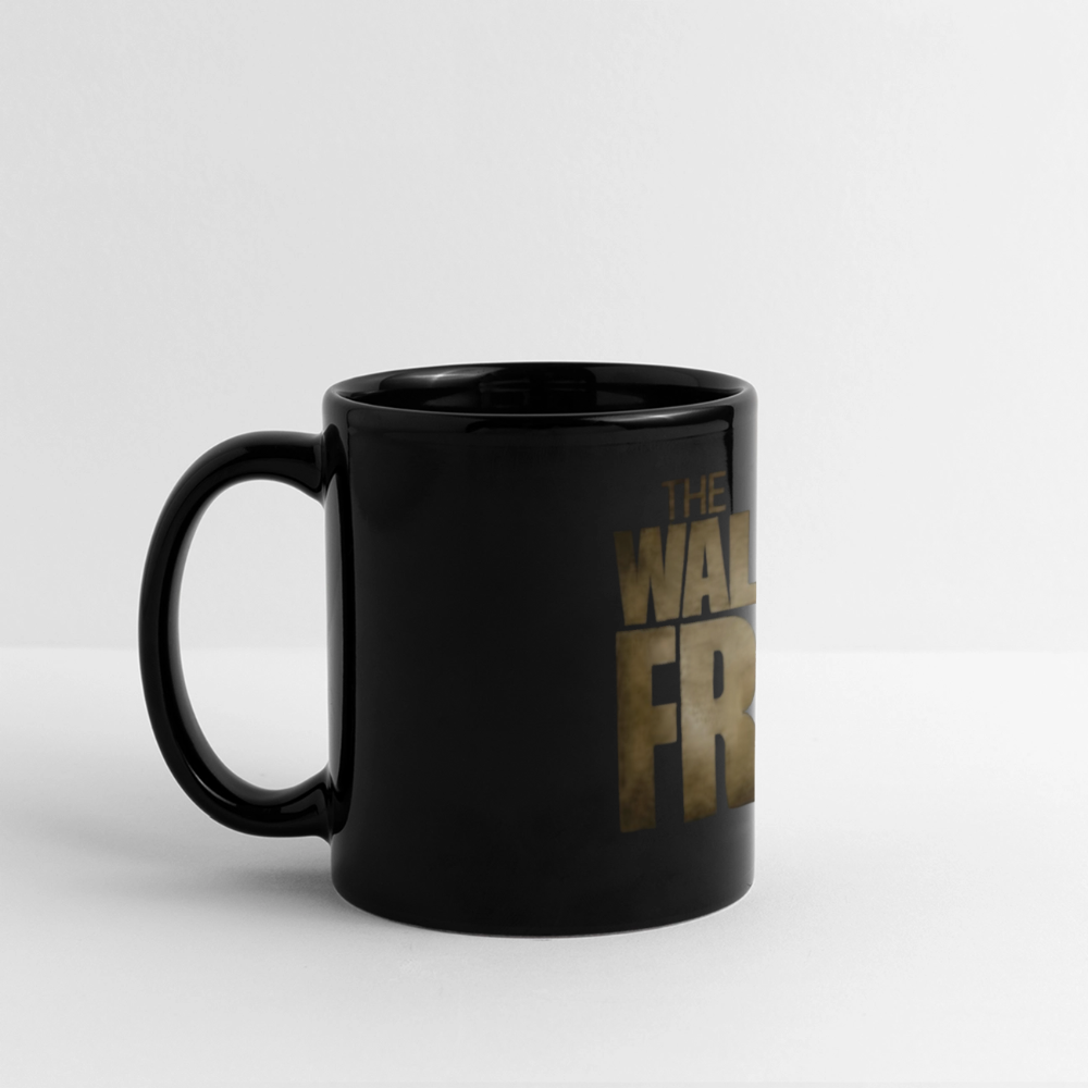“Black mug with distressed gold text: The Walking Frog. Cartoon frog with ANTIFA sign inside the letter O.”