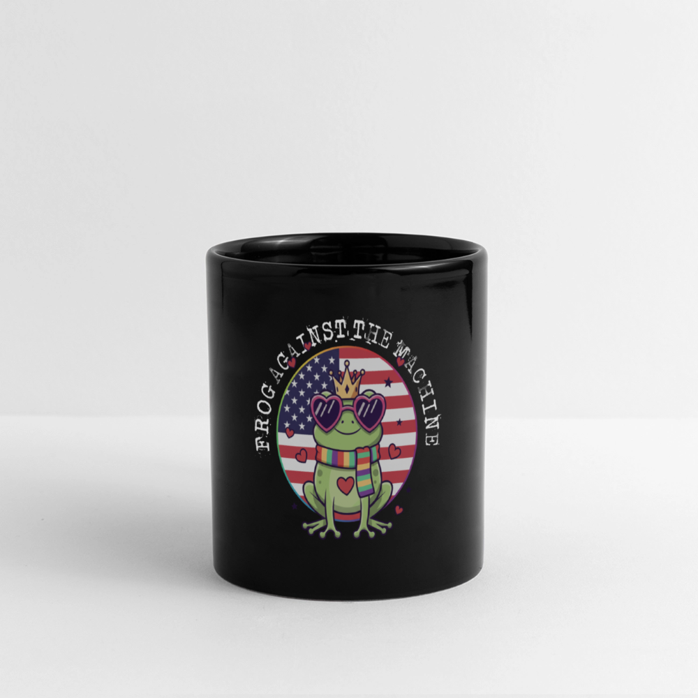 
“Black mug with crowned frog wearing rainbow scarf and heart sunglasses. Text: Frog Against the Machine.”
