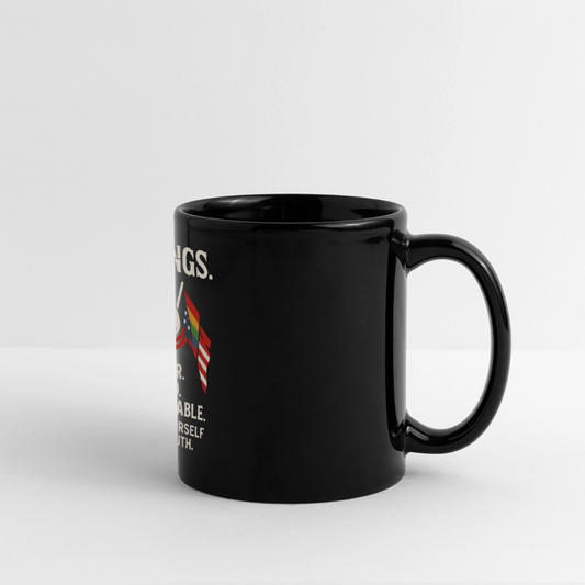 Full Color Panoramic Mug -
“Black ceramic mug featuring a crowned frog with a rainbow scarf and Pride flag. Text reads: NO KINGS – QUEER. LOUD. UNGOVERNABLE.”
