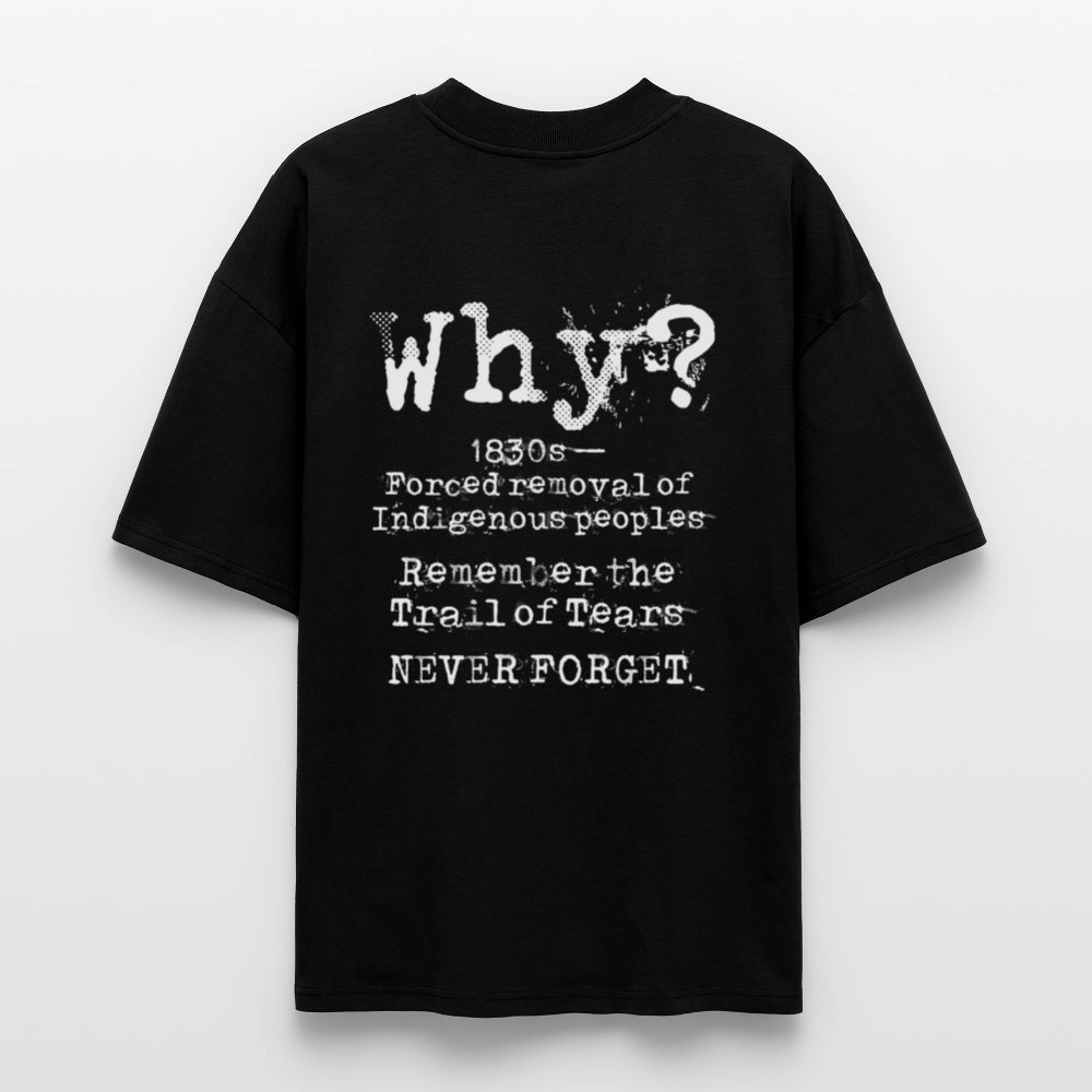 Black unisex oversized T‑shirt with distressed blue‑pink portrait collage and chain motif on the front; large centered “WHY?” on the back; theme: Trail of Tears remembrance. Backrint