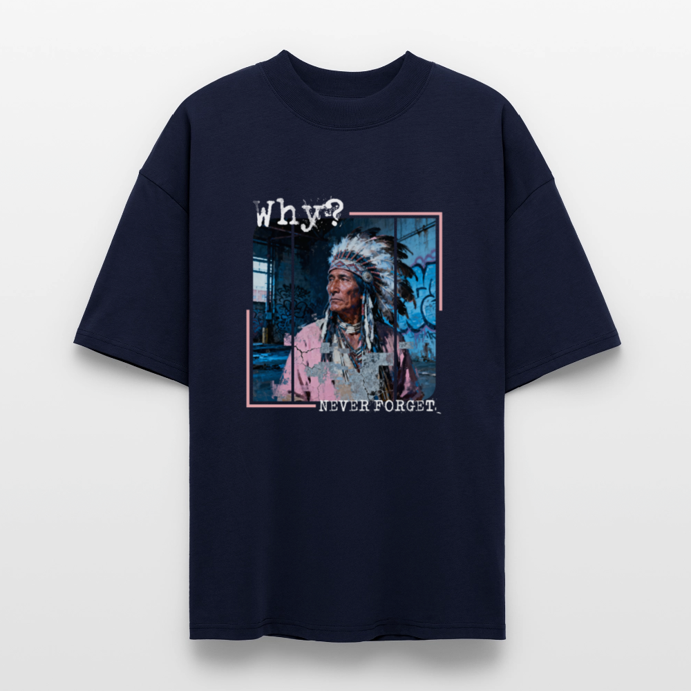 Navy oversized unisex t-shirt with bold ‘WHY – We Were First’ print. Native American Edition by History Threads. Ethically printed on organic cotton.”