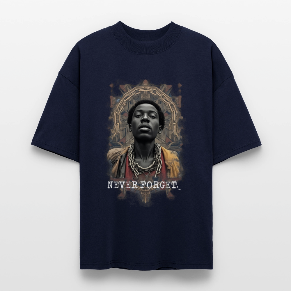 Navy oversized t-shirt featuring a stylized portrait of a Black person with bold ‘NEVER FORGET’ text. Part of the WHY? series by History Threads, honoring Black history and resistance.”