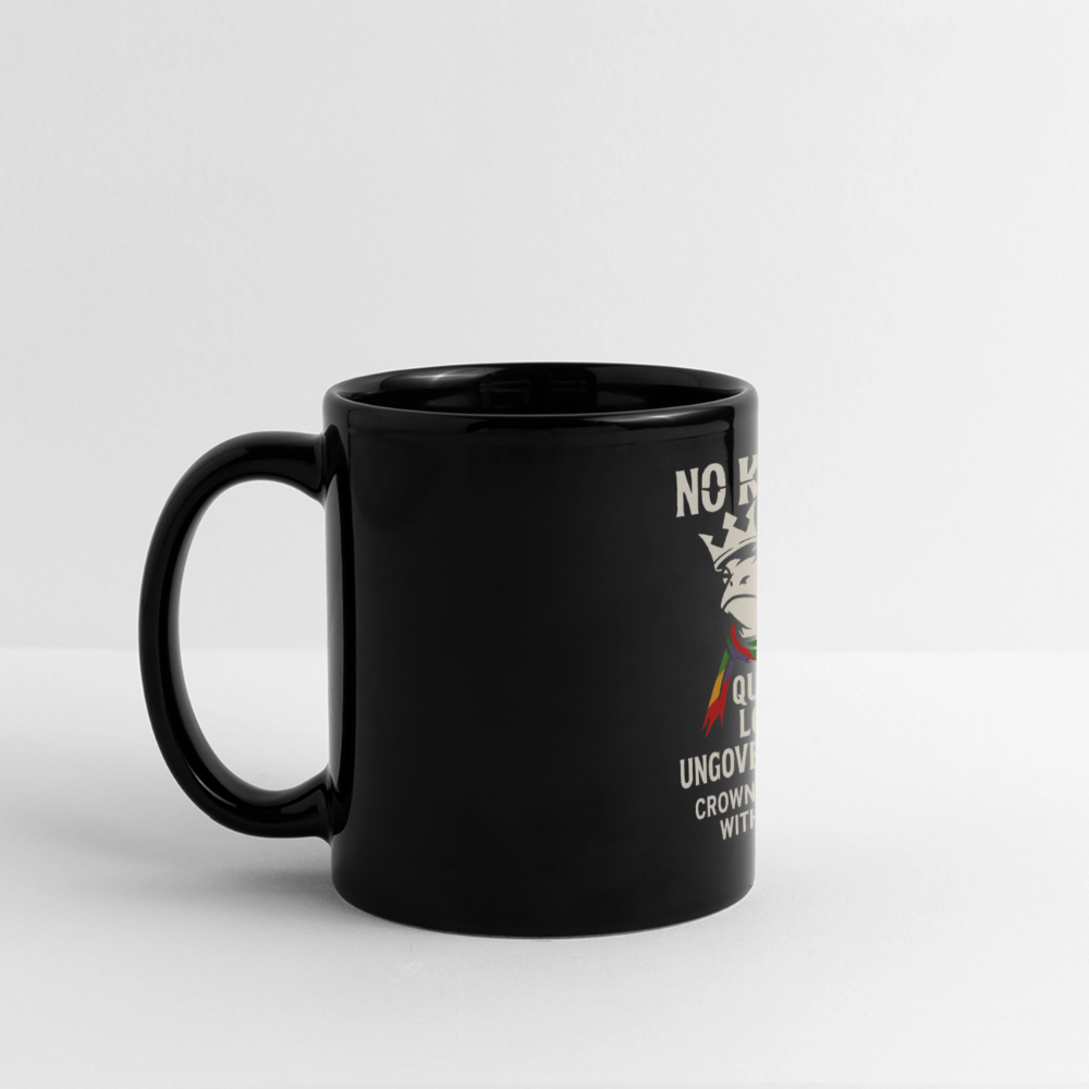 Full Color Panoramic Mug - black 
“Black ceramic mug featuring a crowned frog with a rainbow scarf and Pride flag. Text reads: NO KINGS – QUEER. LOUD. UNGOVERNABLE.”
