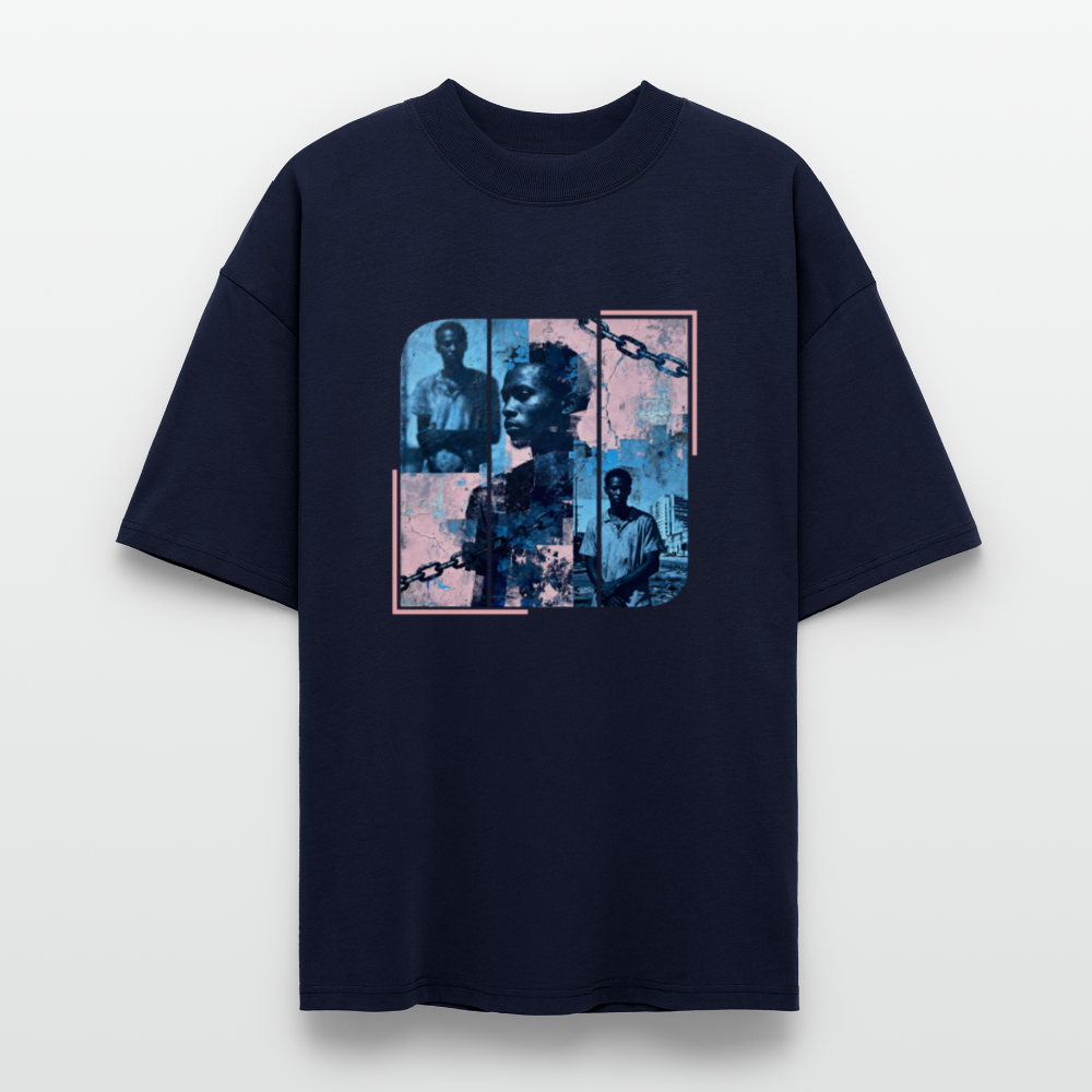 Navy unisex T‑shirt with distressed blue‑pink portrait collage and chain motif on front; large centered “WHY?” on back; theme: 400 years of slavery remembrance.