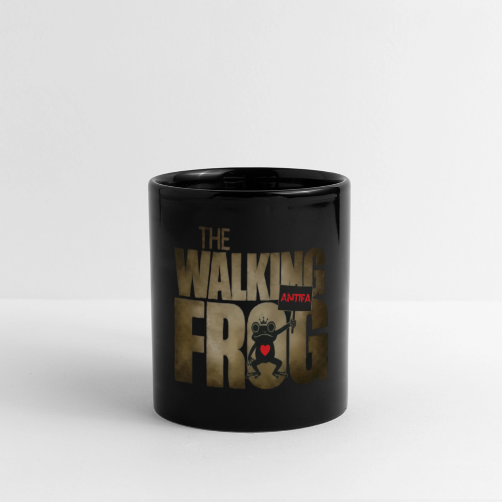 

“Antifa statement mug with cartoon frog, red heart, and bold gold lettering. The Walking Frog parody design.”
