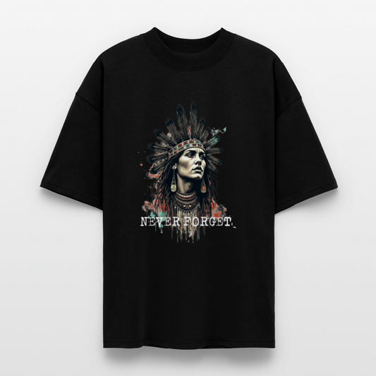 “Black oversized t-shirt featuring a stylized portrait of a Native person in traditional feathered headdress with the text ‘NEVER FORGET.’ Part of the First Nations Edition by History Threads.”