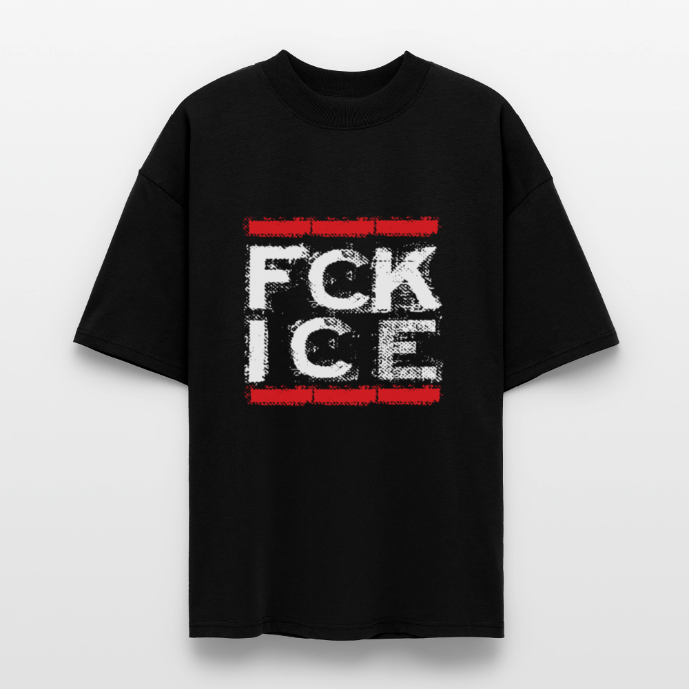 Black oversized protest shirt with bold white FCK ICE lettering – activist fashion for migrant justice and abolition.

