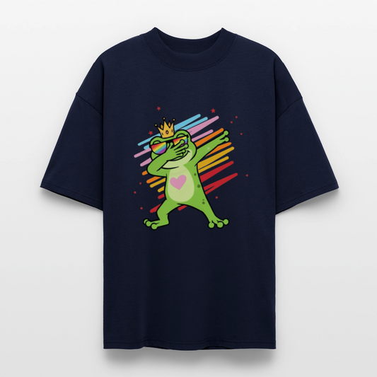 Stanley/Stella Blaster Oversized T-Shirt - french navy Crowned green frog dabbing in rainbow sunglasses with pink heart on chest – printed on oversized organic cotton tee for Pride and protest visibility.