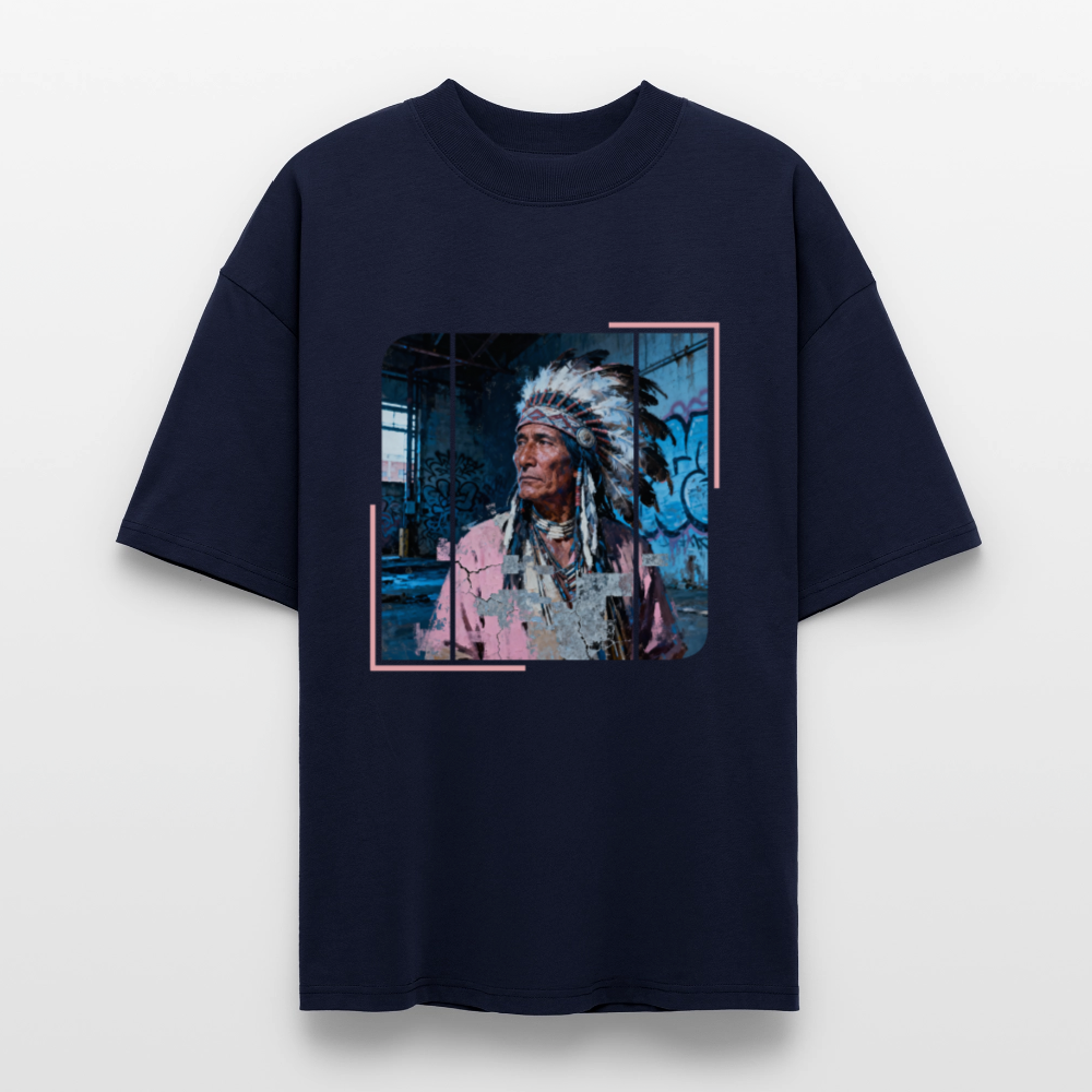 navy unisex oversized T‑shirt with distressed blue‑pink portrait collage and chain motif on the front; large centered “WHY?” on the back; theme: Trail of Tears remembrance.