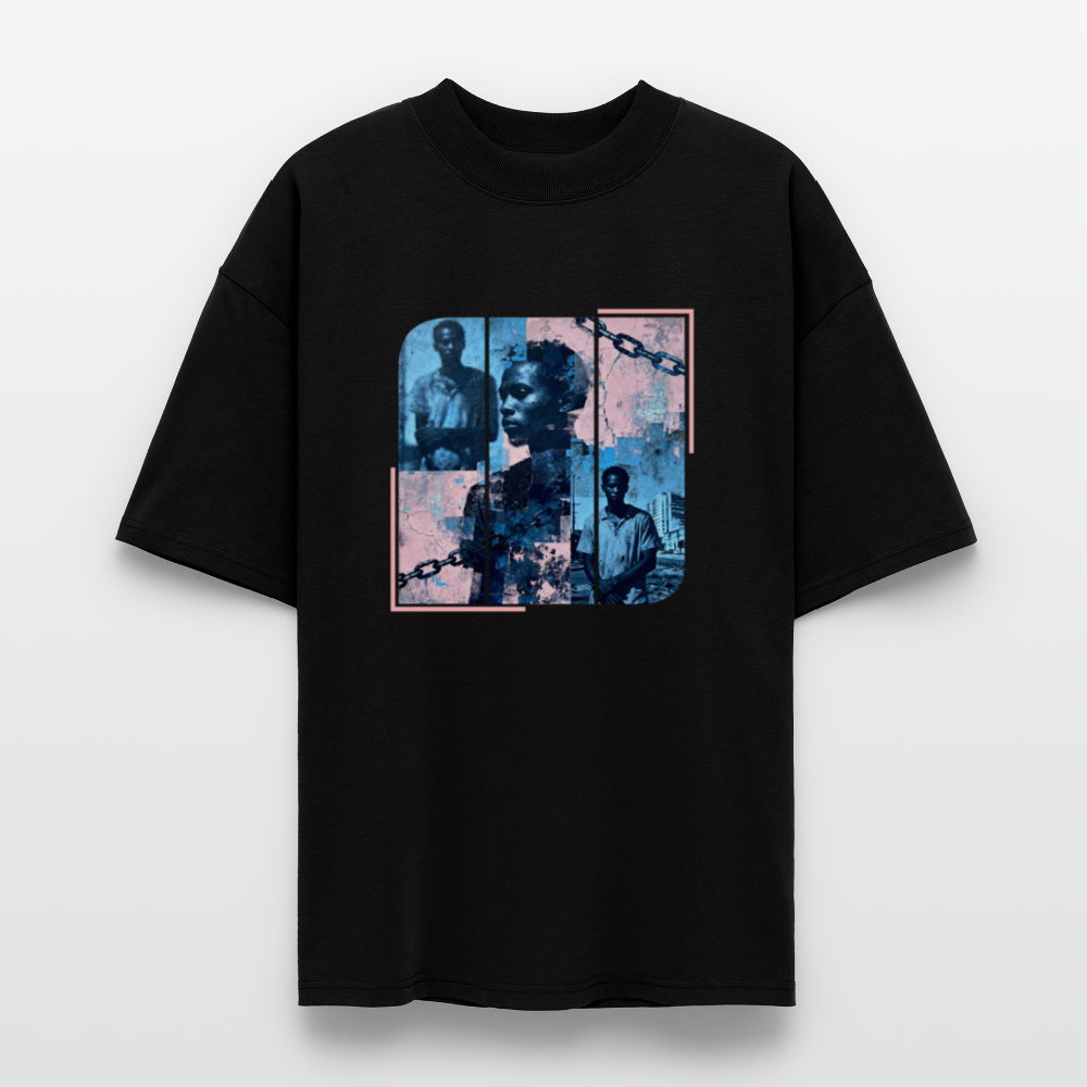 Black unisex T‑shirt with distressed blue‑pink portrait collage and chain motif on front; large centered “WHY?” on back; theme: 400 years of slavery remembrance. Frontprint