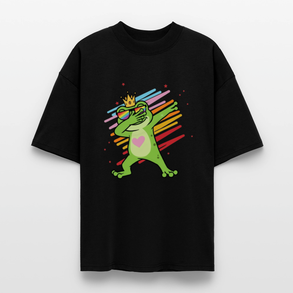 Crowned green frog dabbing in rainbow sunglasses with pink heart on chest – printed on oversized organic cotton tee for Pride and protest visibility.
