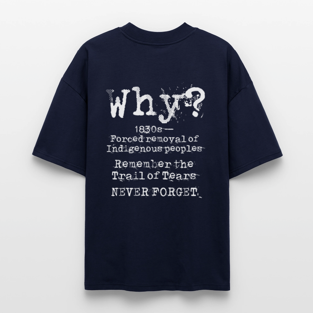 navy unisex oversized T‑shirt with distressed blue‑pink portrait collage and chain motif on the front; large centered “WHY?” on the back; theme: Trail of Tears remembrance. Backprint
