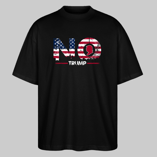 
Black oversized organic T-shirt with “NO TRUMP” print and stylized USA stars – unisex, ethically made, activist statementwear
