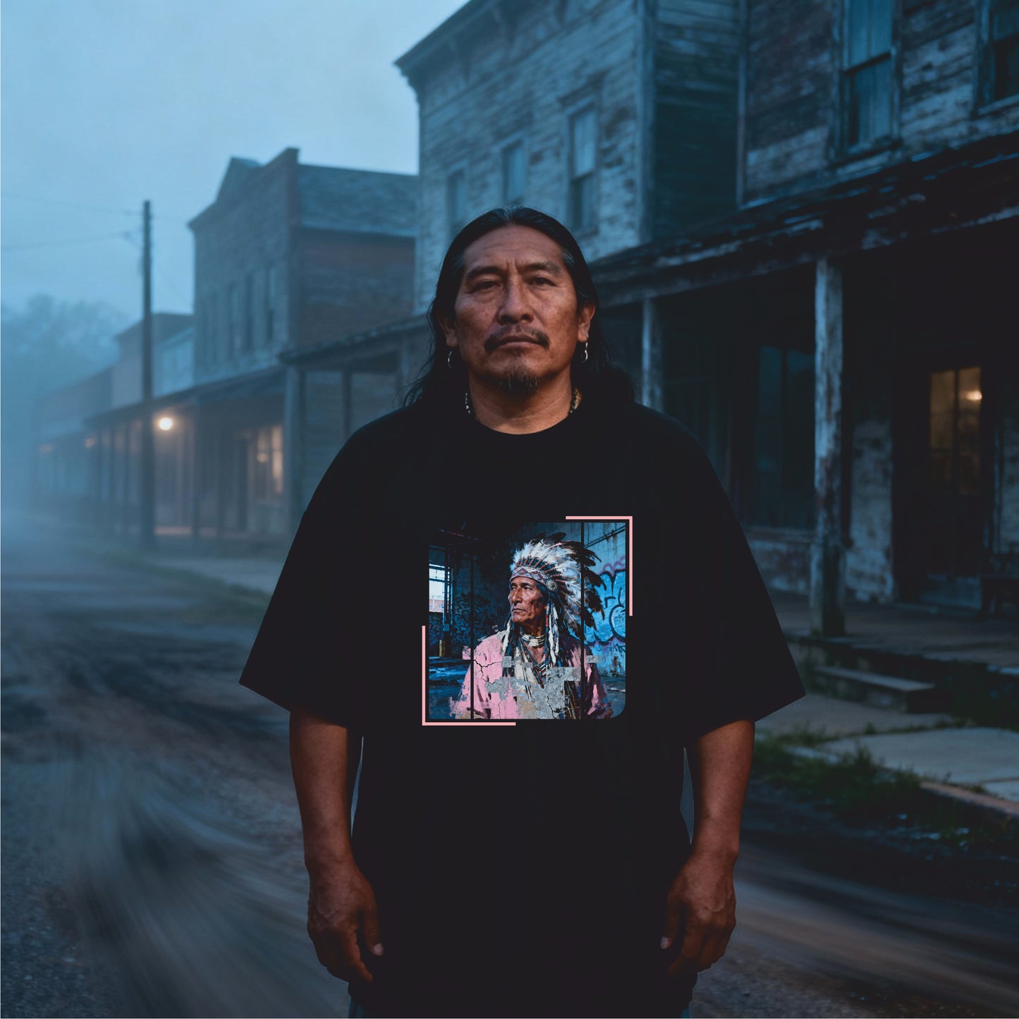 Frontprint Black unisex oversized T‑shirt with distressed blue‑pink portrait collage and chain motif on the front; large centered “WHY?” on the back; theme: Trail of Tears remembrance.