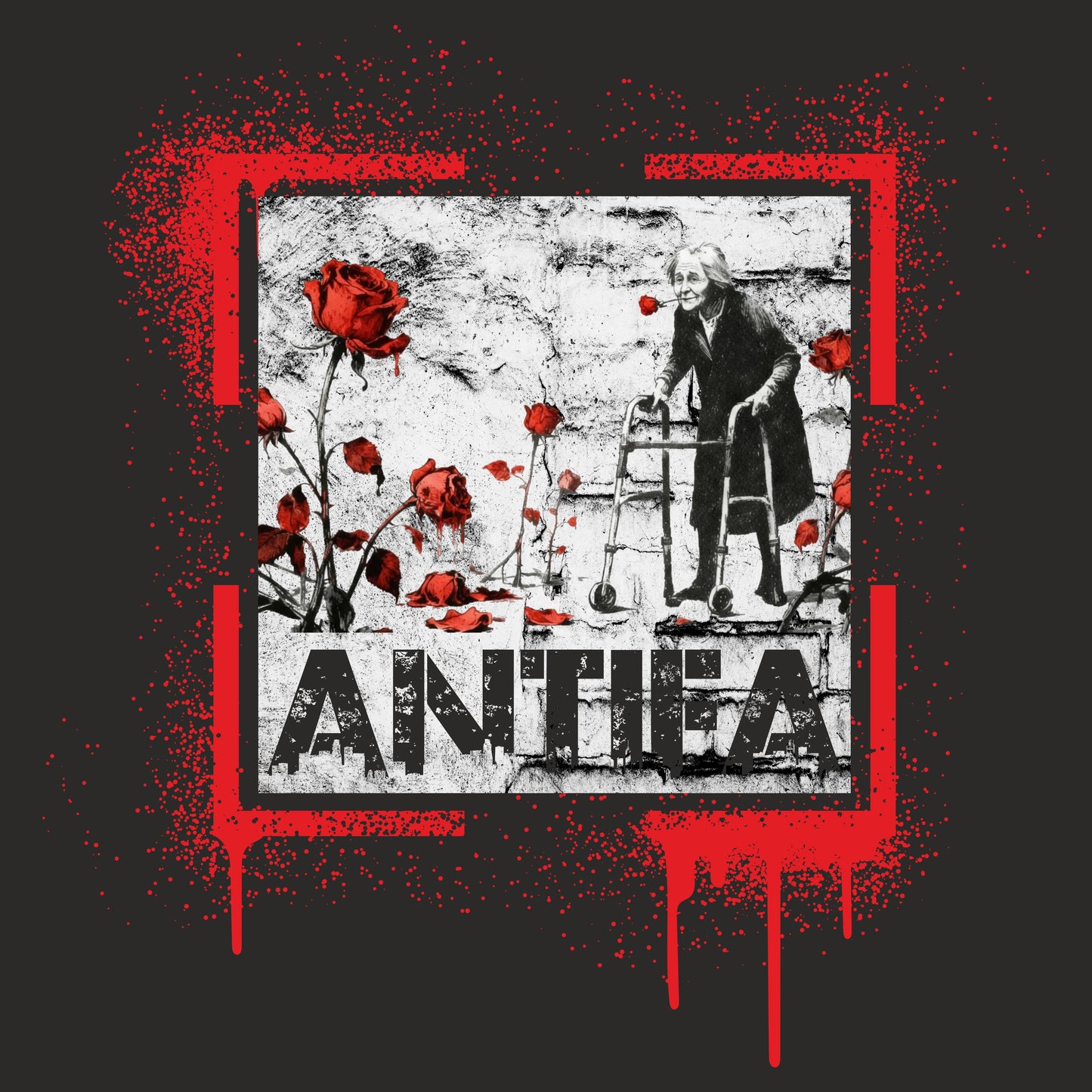 Design: Banksy‑inspired red paint‑splatter frame; grayscale elder with walker; scattered red roses; bold ANTHEA wordmark.

