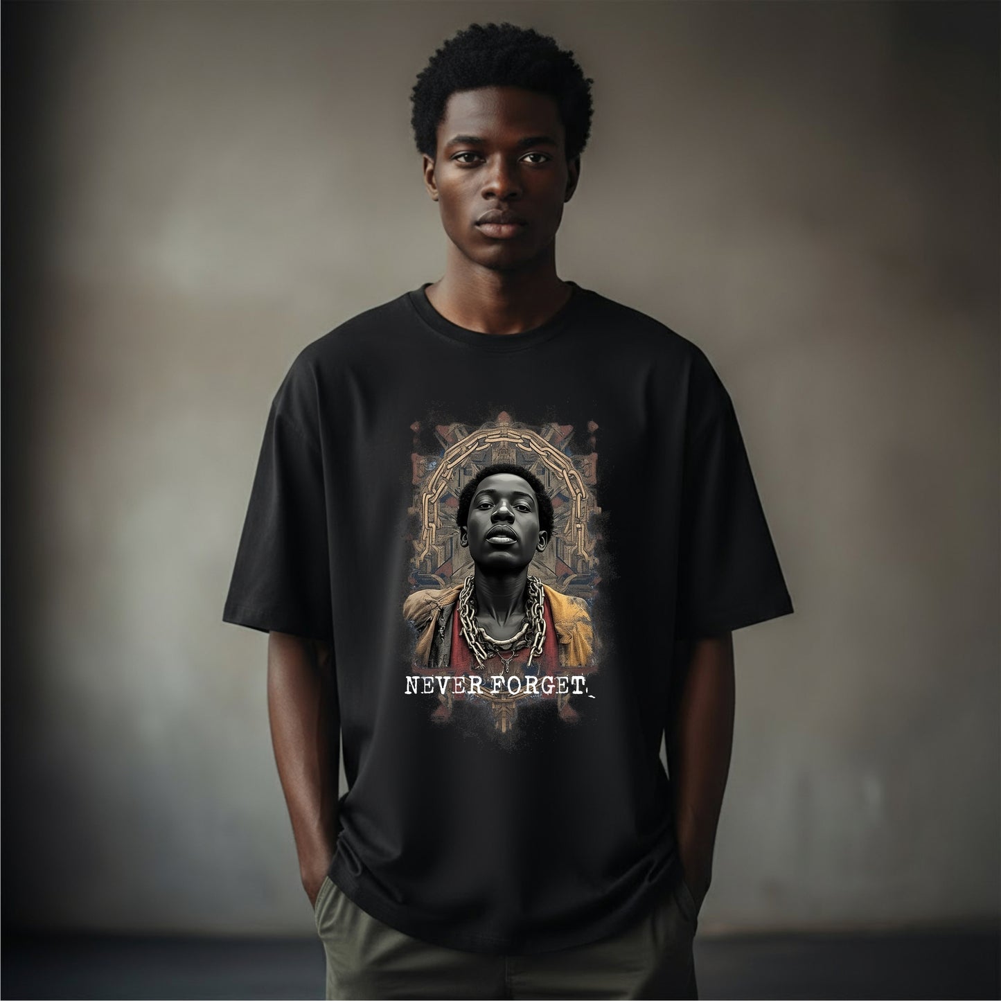 “Man wearing black oversized t-shirt with ‘NEVER FORGET’ text and stylized portrait of a Black individual. Part of the WHY? anti-racism series by History Threads.”
