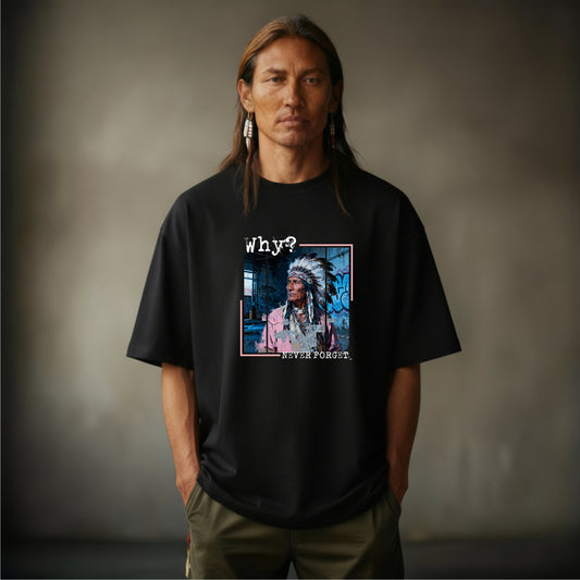 Black oversized unisex t-shirt with bold ‘WHY – We Were First’ print. Native American Edition by History Threads. Ethically printed on organic cotton.”