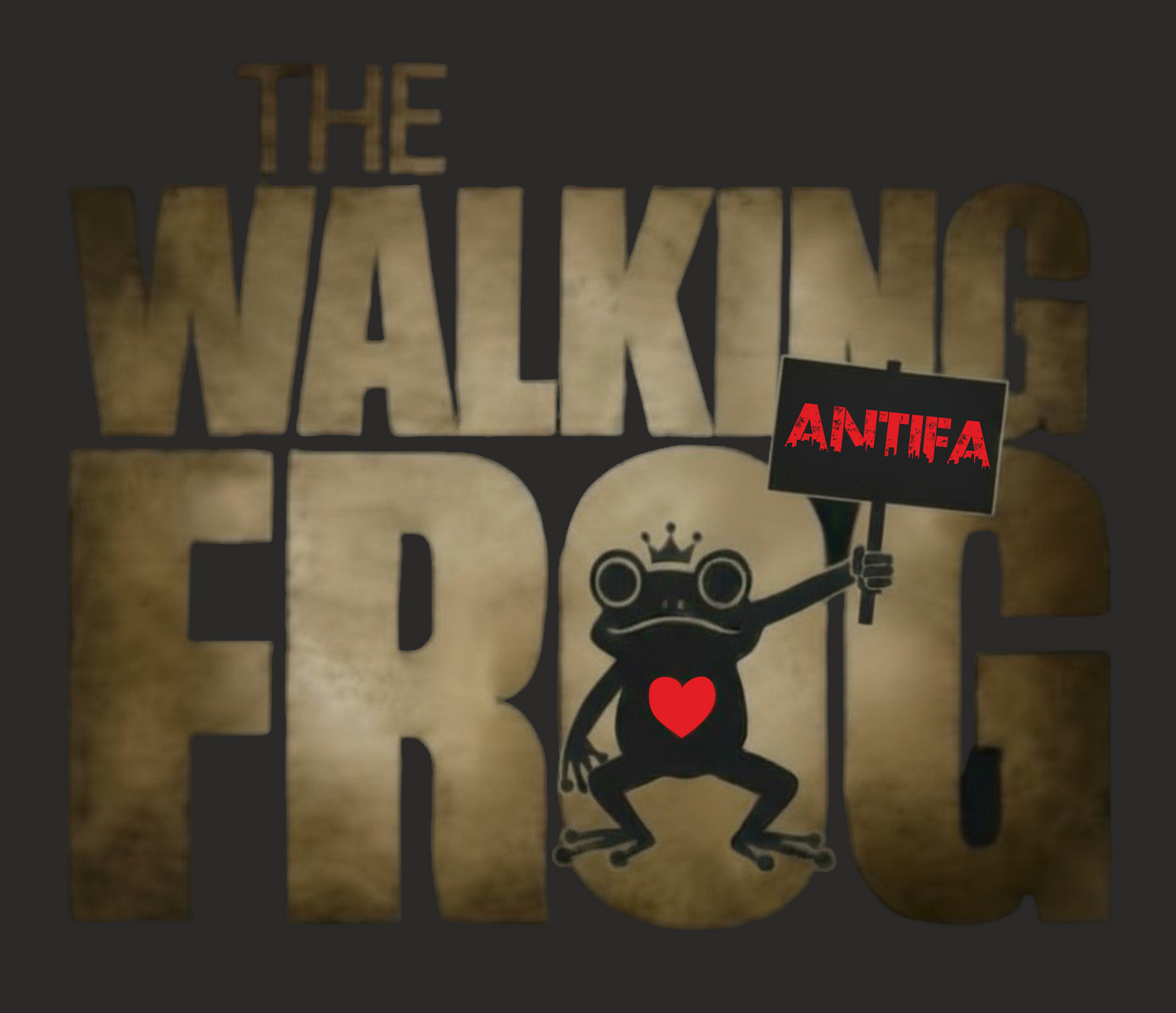 Black oversized T-shirt with front print: cartoon frog with white eyes, red heart, and red ANTIFA flag – distressed text reads “THE WALKING FROG”.